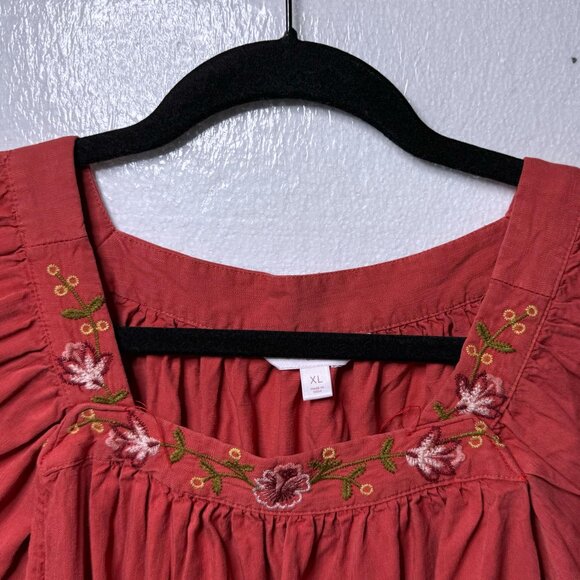 LC Lauren Conrad Size XL Embroidered Floral Square Neck Top 3/4 Tie Sleeve Boho - Picture 10 of 10